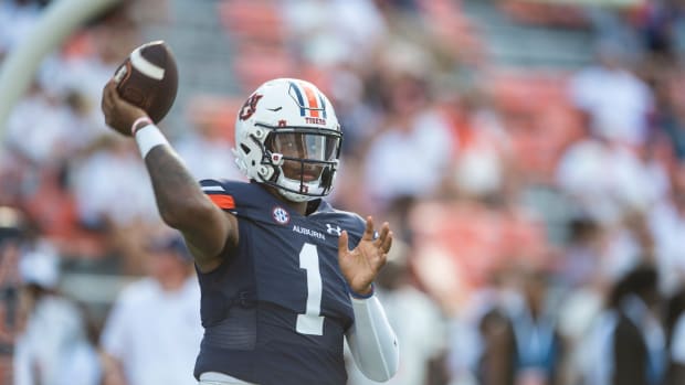 Auburn Tigers quarterback T.J. Finley (1) throws the ball during warm ups before Auburn Tigers take on Mercer Bears at Jordan-Hare Stadium in Auburn, Ala., on Saturday, Sept. 3, 2022.